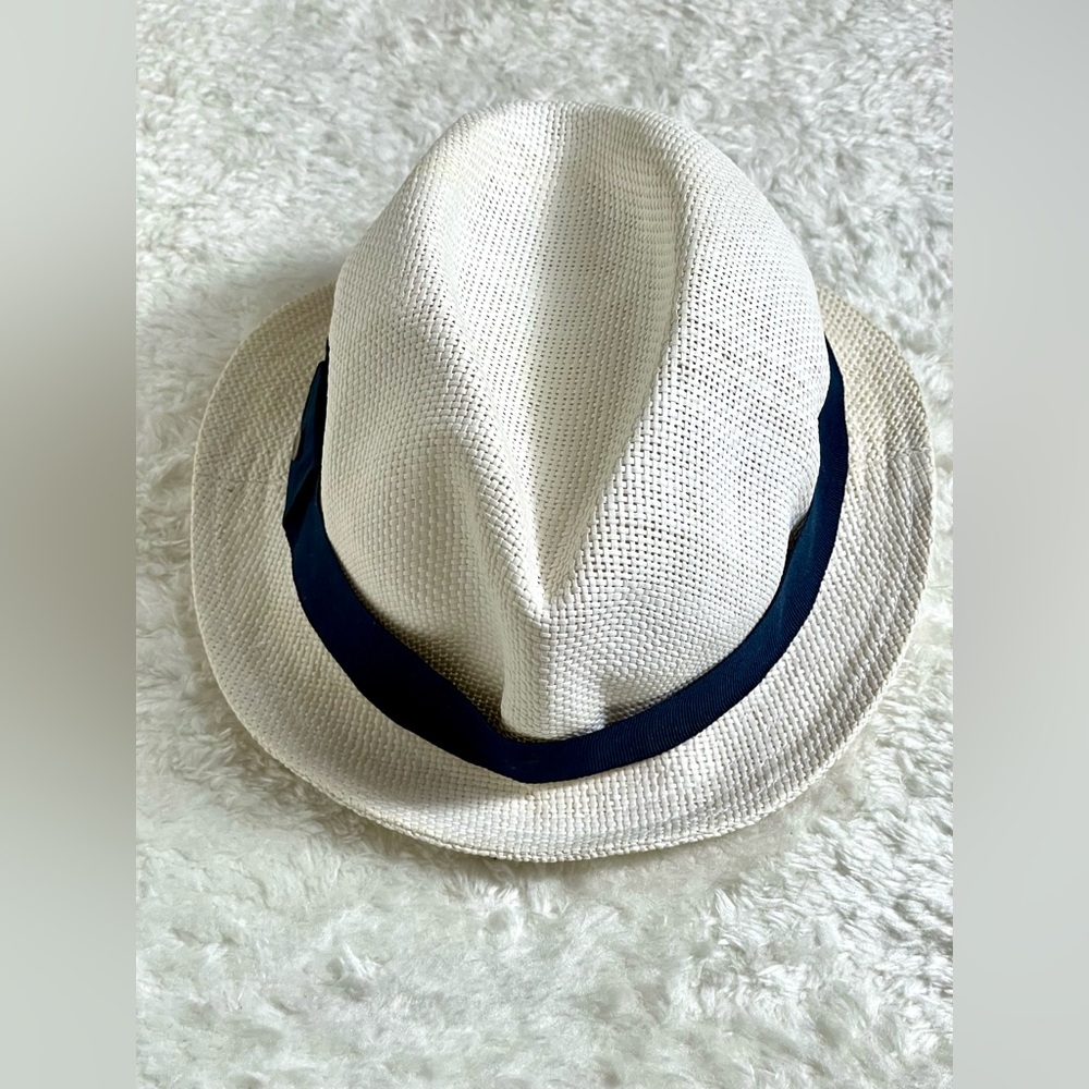 UGG White Straw Fedora Hat Blue Ribbon Logo Unisex OS